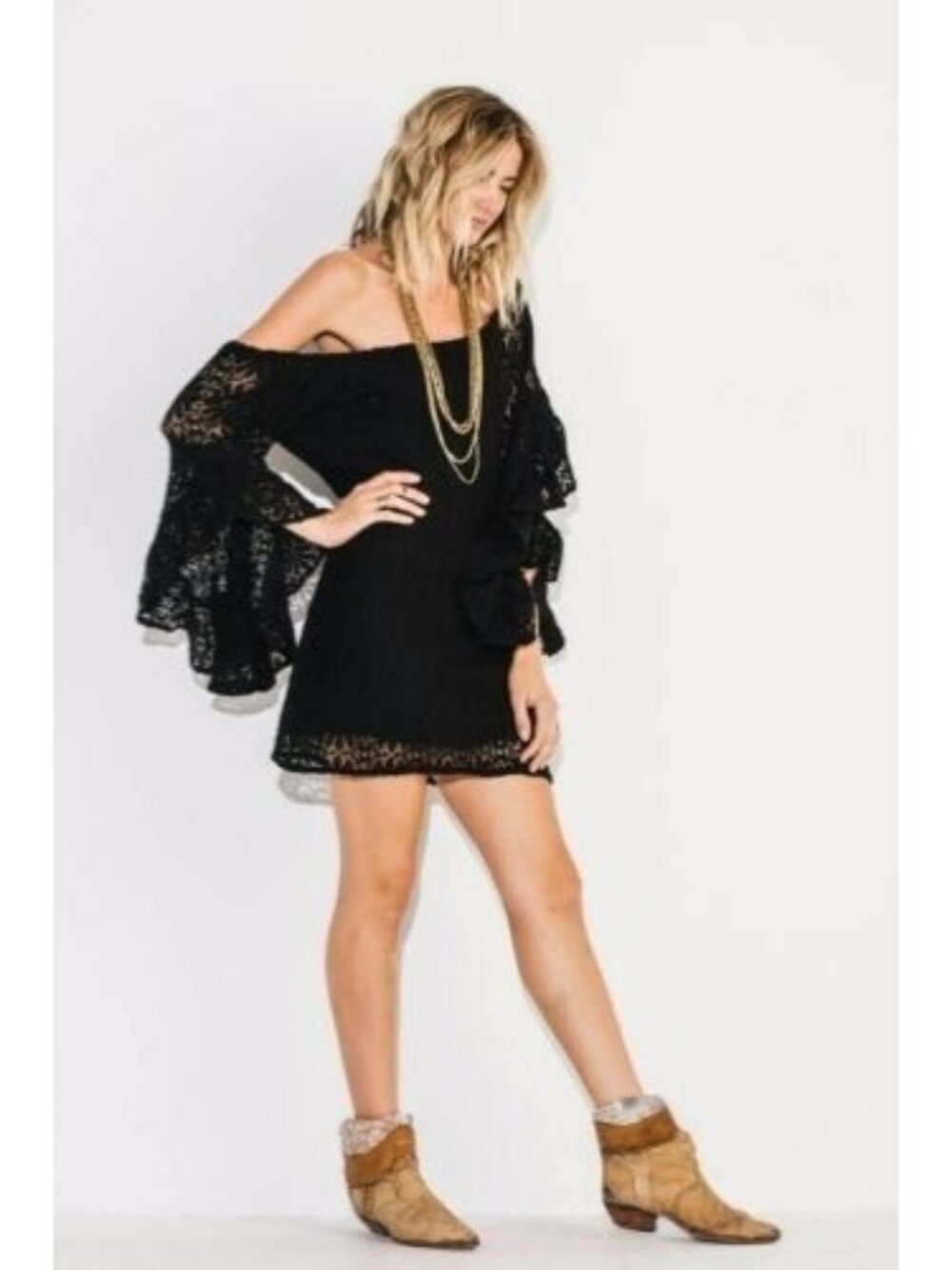 Jen’s Pirate Booty Black Lace Bell Sleeve Off Shoulder Mini Dress| Dark Romance